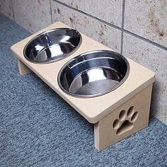 WOOD DOUBLE CAT FOOD BOWL PAWS