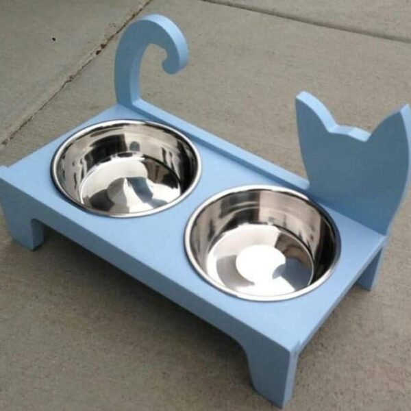 WOOD DOUBLE STEEL FOOD BOWL CAT SHAPE